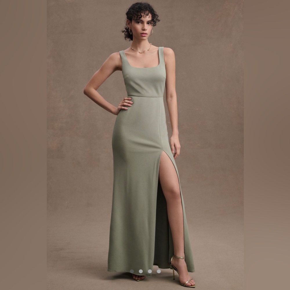 BHLDN Ashlynn Square Neck Side Slit Gown in Moss